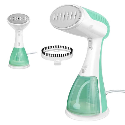 Green and white E-Iron Vertical Steamer with attachments on a white background