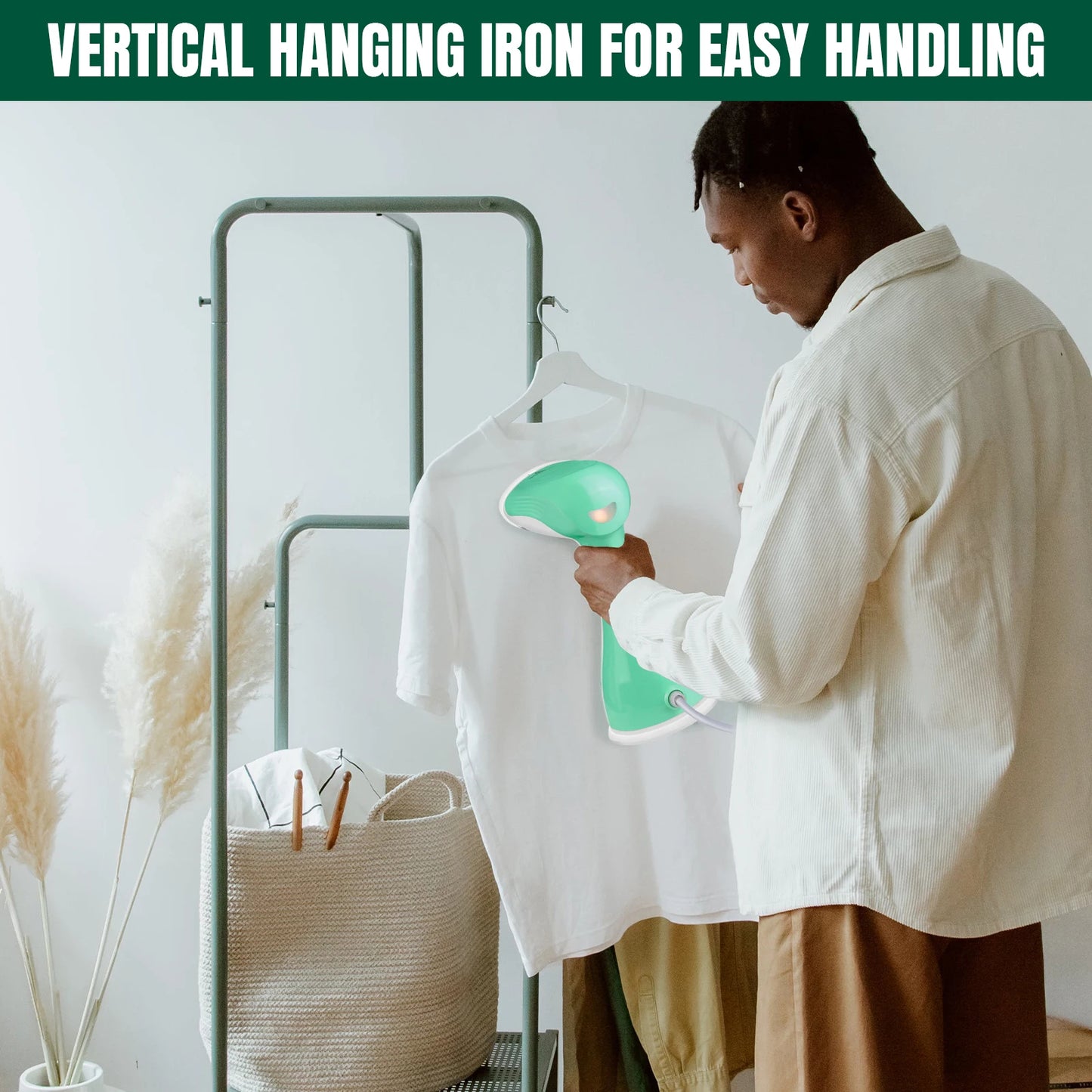 Person holding a green iron over a white shirt on a hanger, with text 'Vertical Hanging Iron for Easy Handling' at the top.