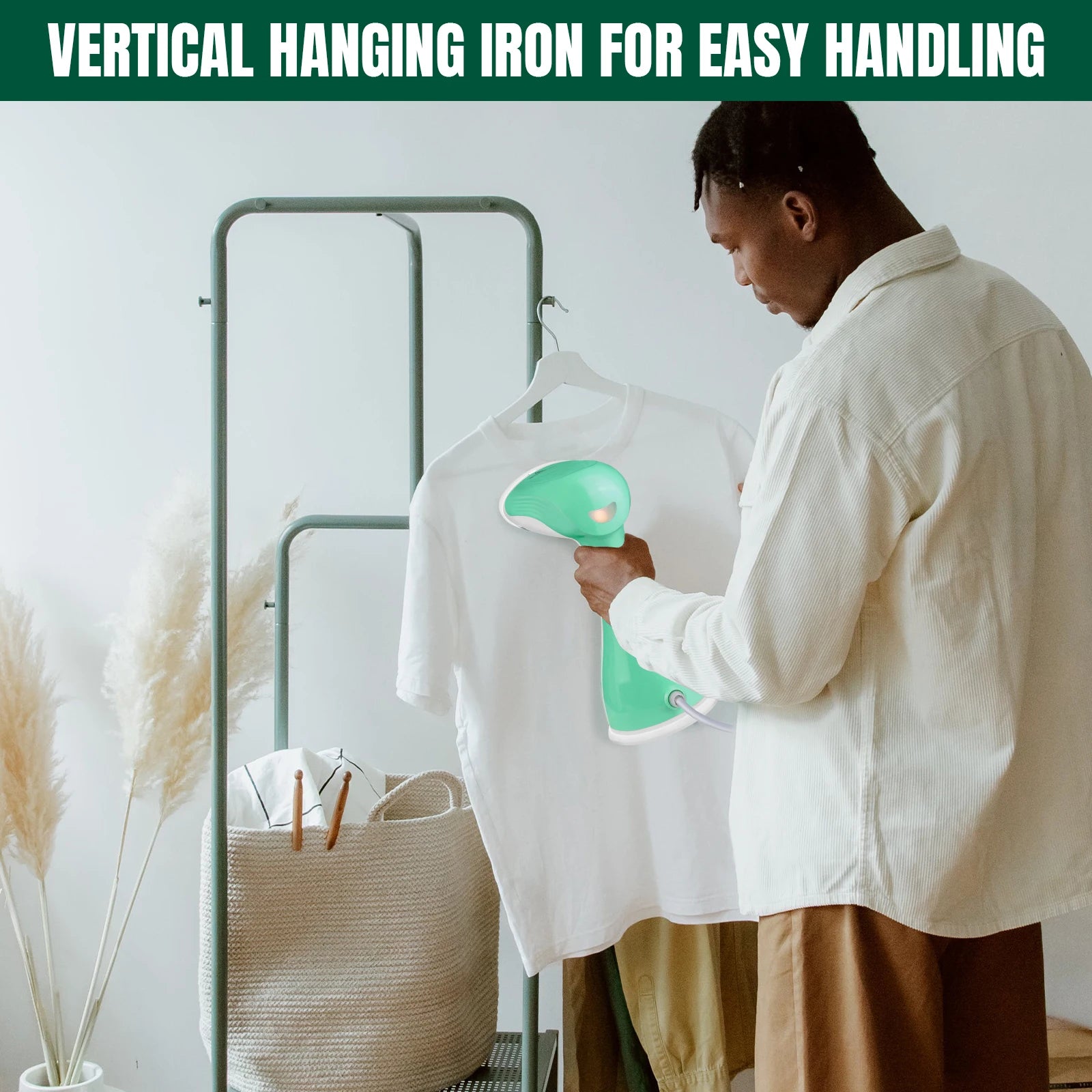 Person holding a green iron over a white shirt on a hanger, with text 'Vertical Hanging Iron for Easy Handling' at the top.