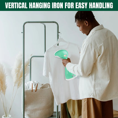 Person holding a green iron over a white shirt on a hanger, with text 'Vertical Hanging Iron for Easy Handling' at the top.