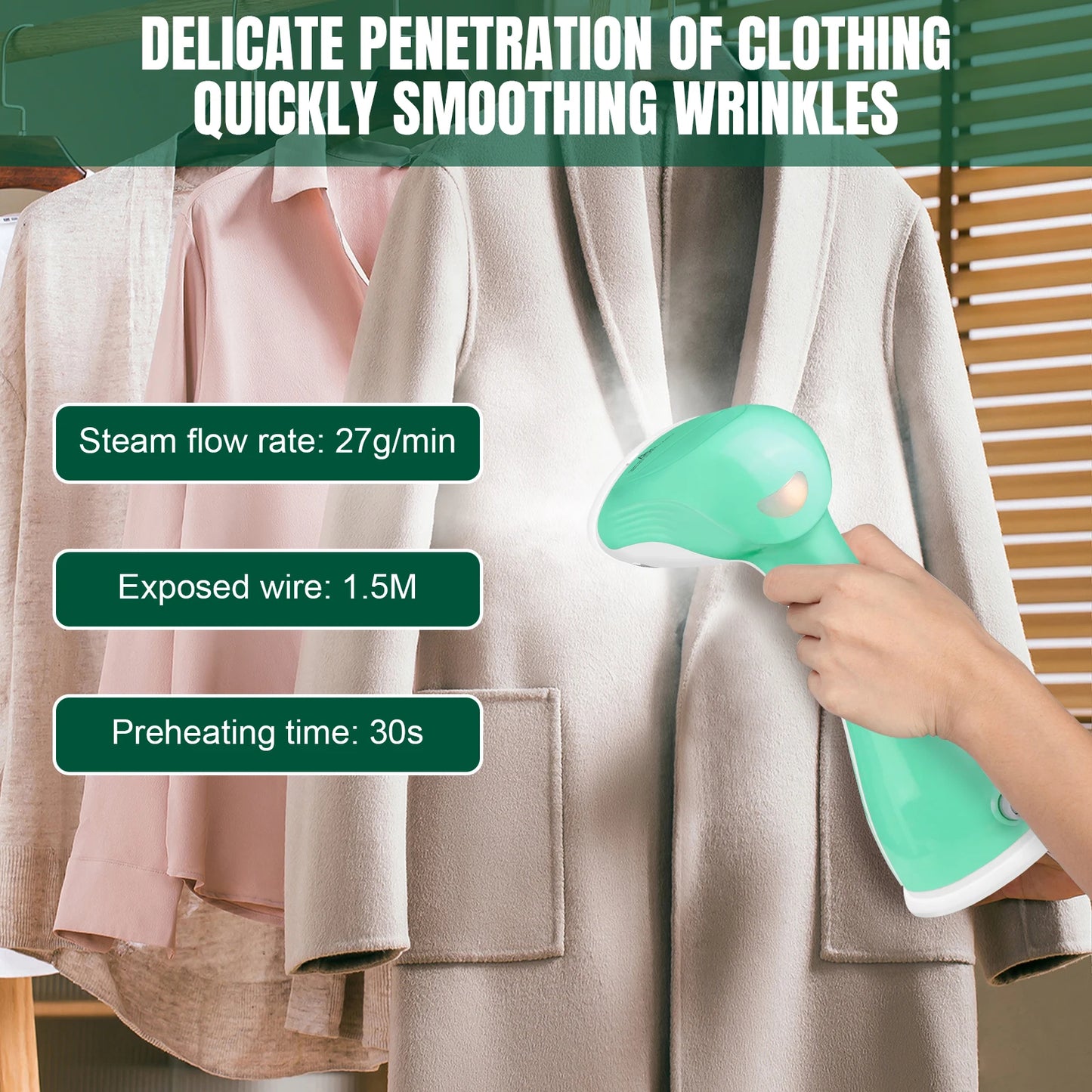 Hand holding a green E-Iron Vertical Steamer over clothing with text about steam flow rate, exposed wire length, and preheating time.