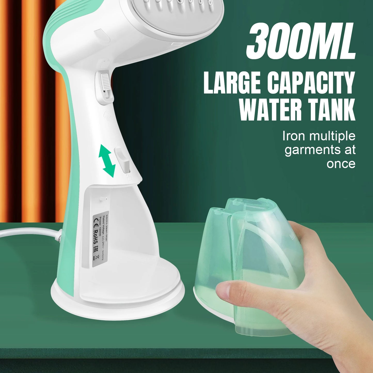 E-Iron Vertical Steamer with a large capacity water tank on a green background