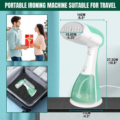 E-Iron Vertical Steamer machine with dimensions and usage scenarios on a blue background