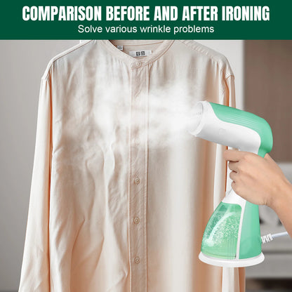 Hand holding a green and white E-Iron Vertical Steamer a beige shirt with text about ironing comparison.
