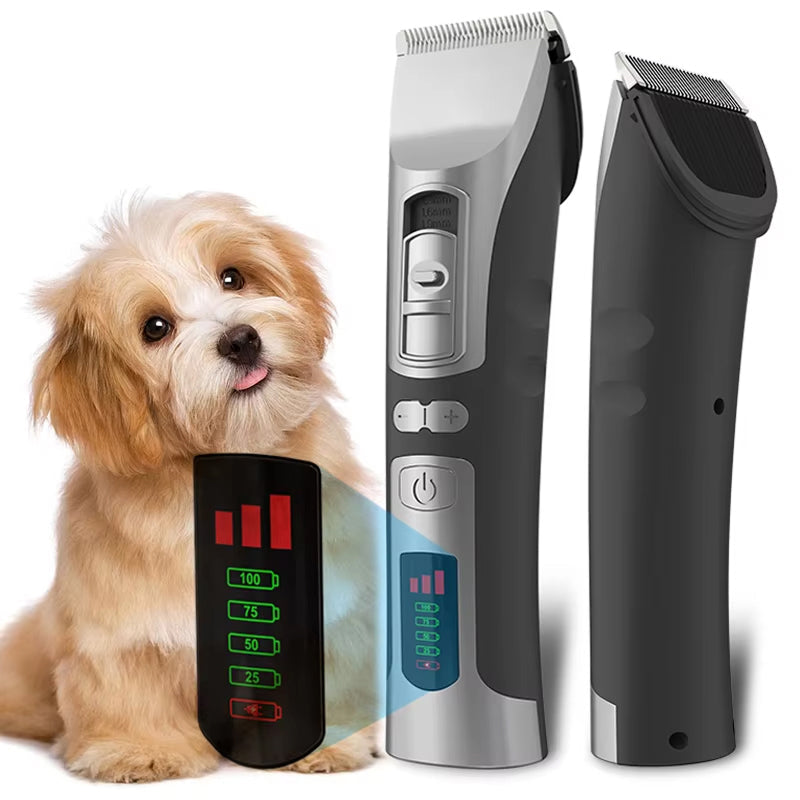 Eanmoda v3 Dog Clippers with digital display next to a small dog on a white background