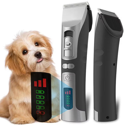 Eanmoda v3 Dog Clippers with digital display next to a small dog on a white background