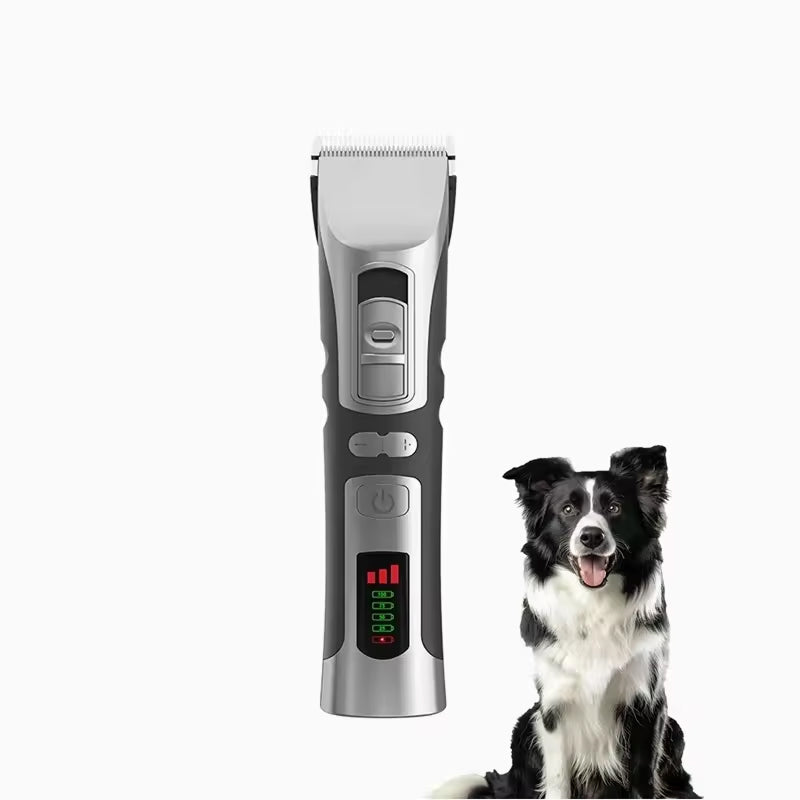 Eanmoda v3 Dog Clippers next to a black and white dog on a white background