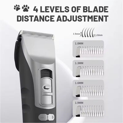 Eanmoda v3 Dog Clippers with interchangeable blades and level indicators on a white background