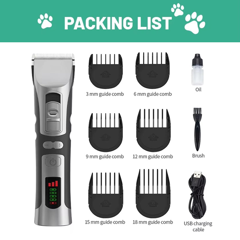 Packing list of Eanmoda v3 Dog Clippers including a hair clipper, guide combs, oil, brush, and USB cable on a white background.