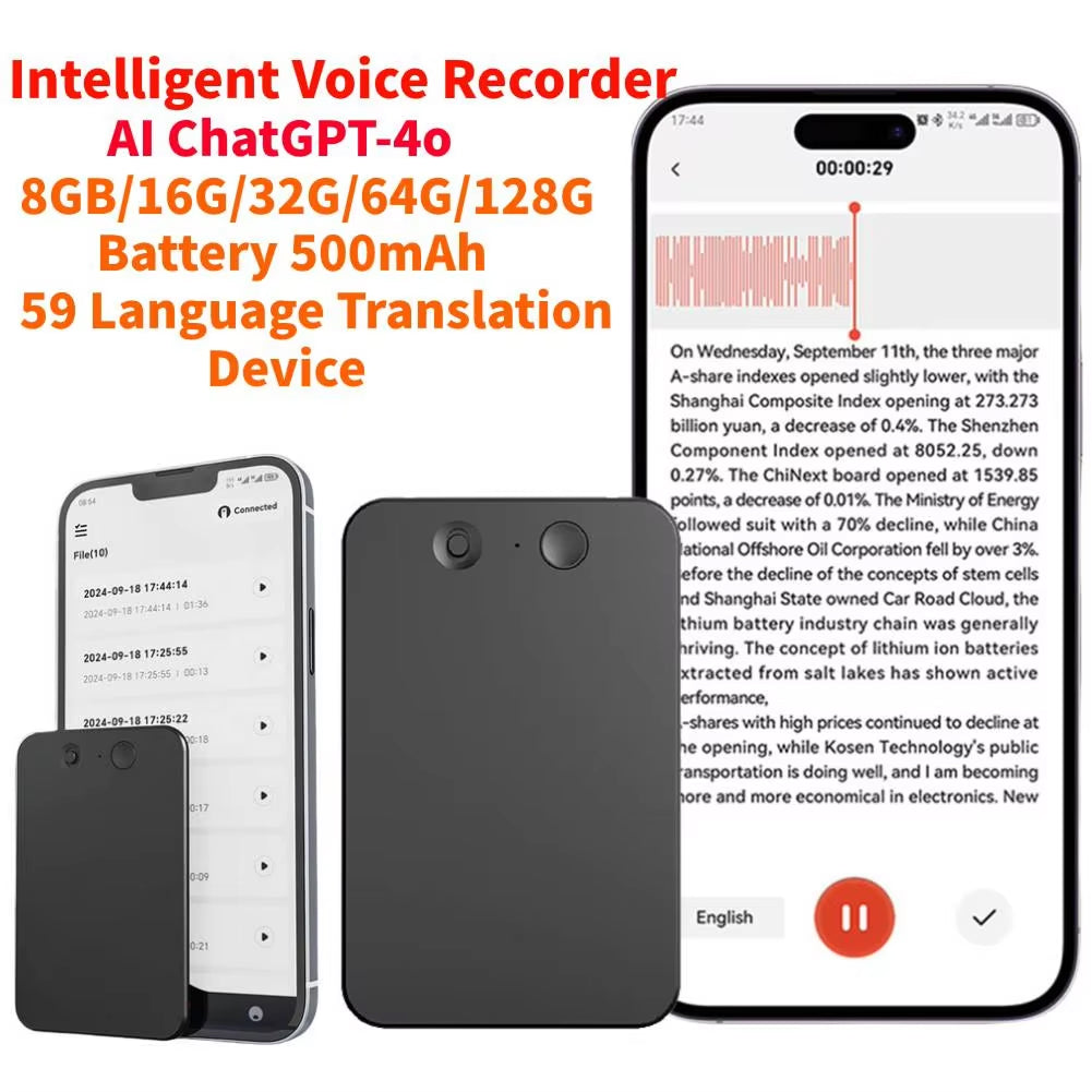 Intelligent EchoScrib AI Note Taker with smartphone app interface, text translation feature, and battery information displayed.