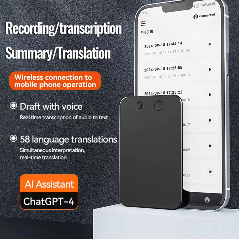 Smartphone with app interface displaying transcription and translation features, alongside text and branding elements.