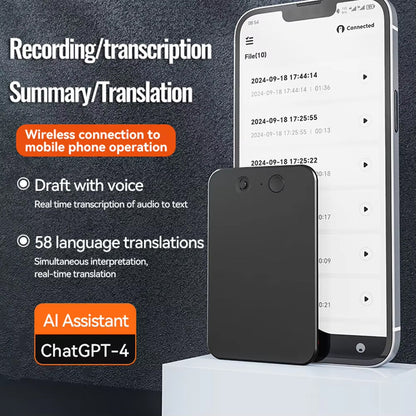 Smartphone with app interface displaying transcription and translation features, alongside text and branding elements.
