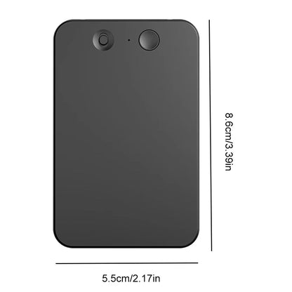 A dark gray rectangular EchoScrib AI Note Taker with rounded corners, shown with dimension labels indicating 8.6cm by 5.