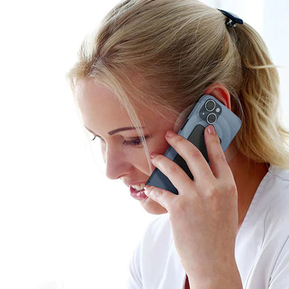 Woman talking on a phone with a white background