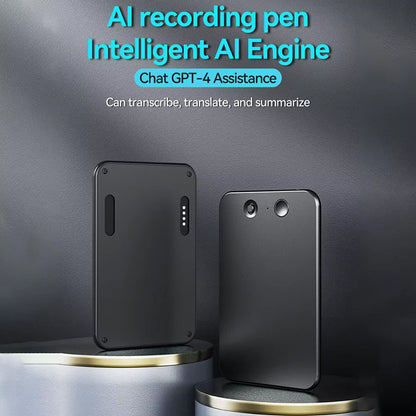 Two black devices on a gray background with text about AI recording pen and intelligent AI engine.