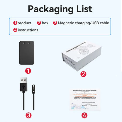 Packaging list with EchoScrib AI Note Taker, box, magnetic charging/USB cable, and instructions.