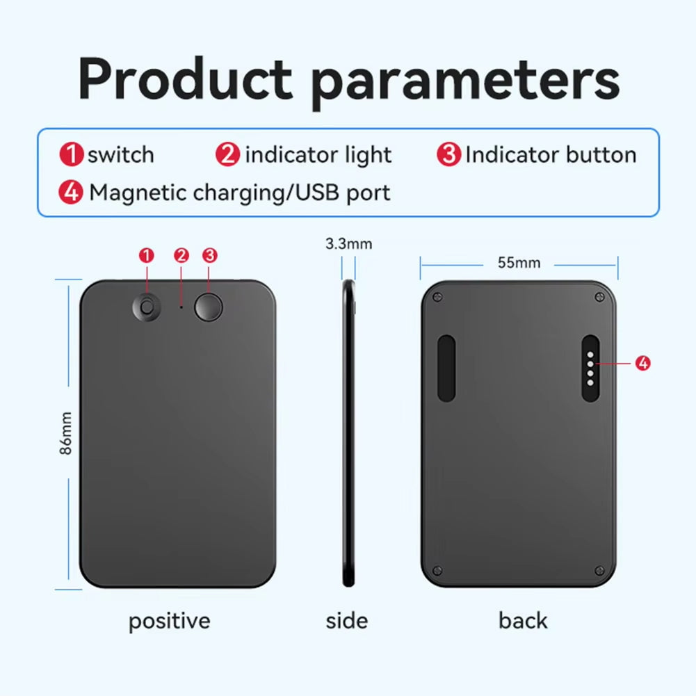 EchoScrib AI Note Taker parameters diagram with a black rectangular device showing switch, indicator light, indicator button, and magnetic charging/USB port.