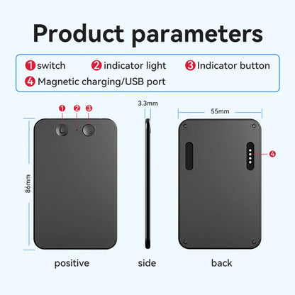 EchoScrib AI Note Taker parameters diagram with a black rectangular device showing switch, indicator light, indicator button, and magnetic charging/USB port.