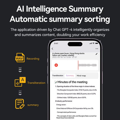 Smartphone displaying AI intelligence summary application with text and icons on a black background