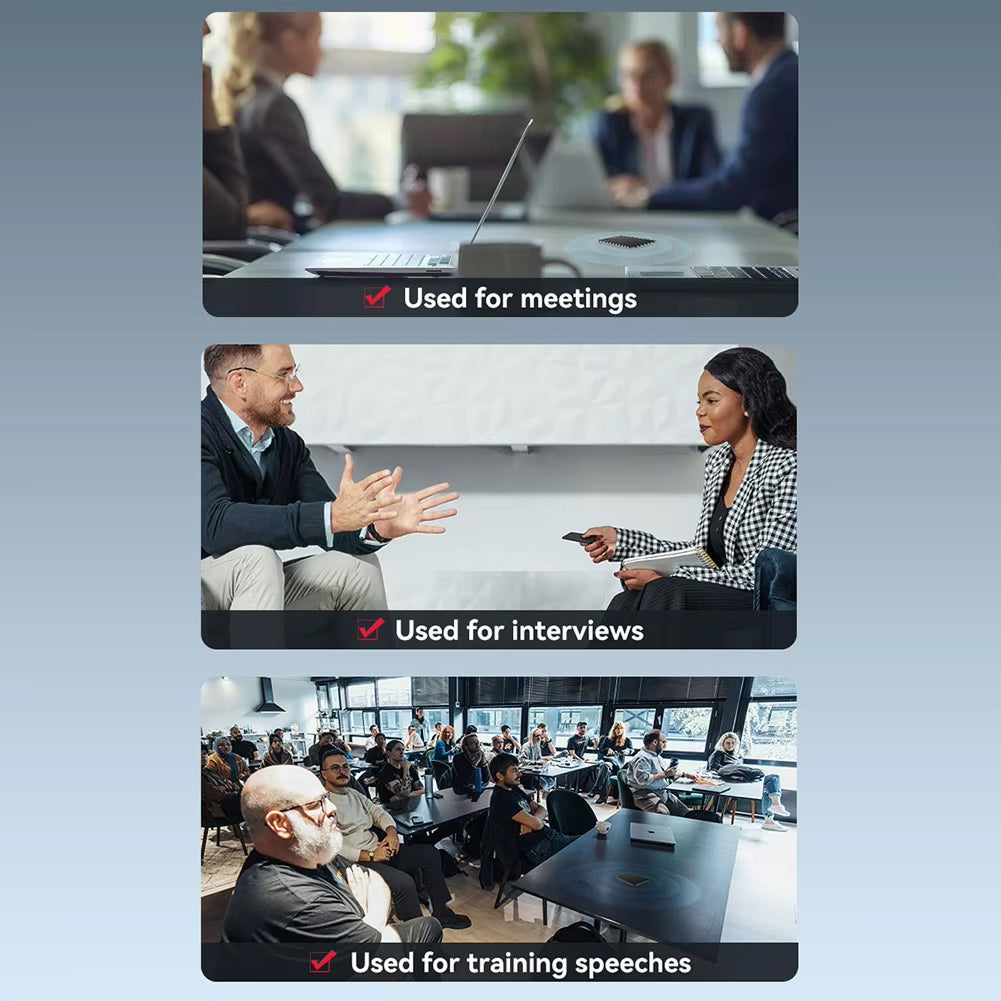 Collage of people in meetings, interviews, and training speeches with text labels.