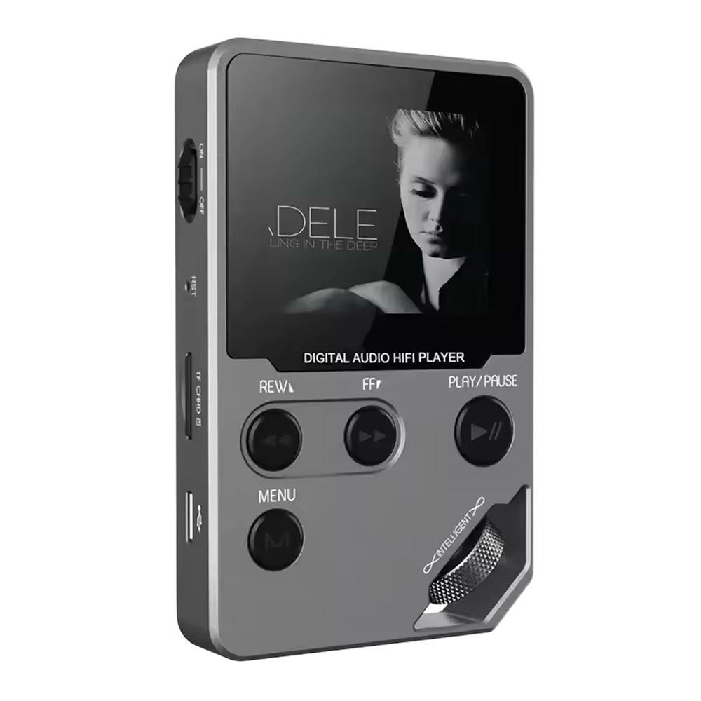 Digital audio hi-fi EjoyMuzi Music Player with screen displaying a person's face on a white background