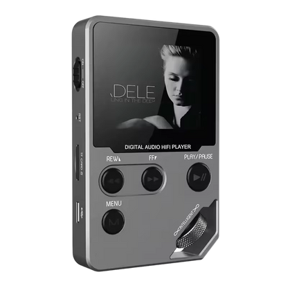 Digital audio hi-fi EjoyMuzi Music Player with screen displaying a person's face on a white background