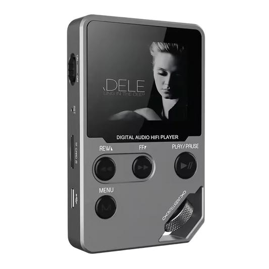 Digital audio hi-fi EjoyMuzi Music Player with screen displaying a person's face on a white background