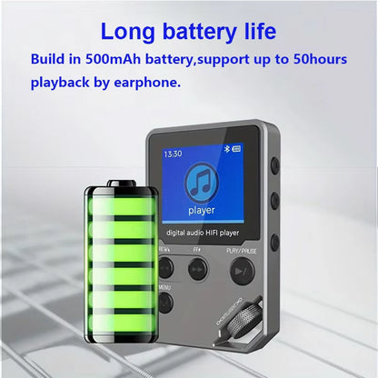 EjoyMuzi Music Player with battery indicator and text about long battery life on a light gray background