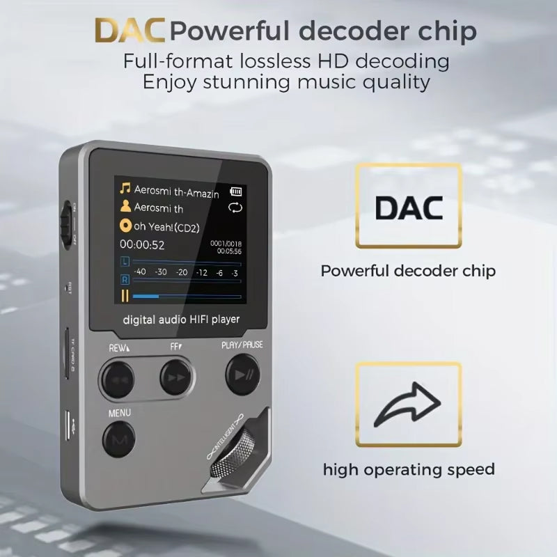 EjoyMuzi Music Player with DAC decoder chip on a light gray background