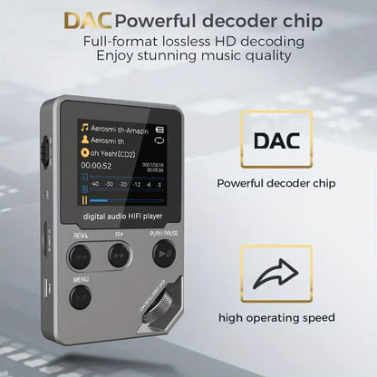 EjoyMuzi Music Player with DAC decoder chip on a light gray background