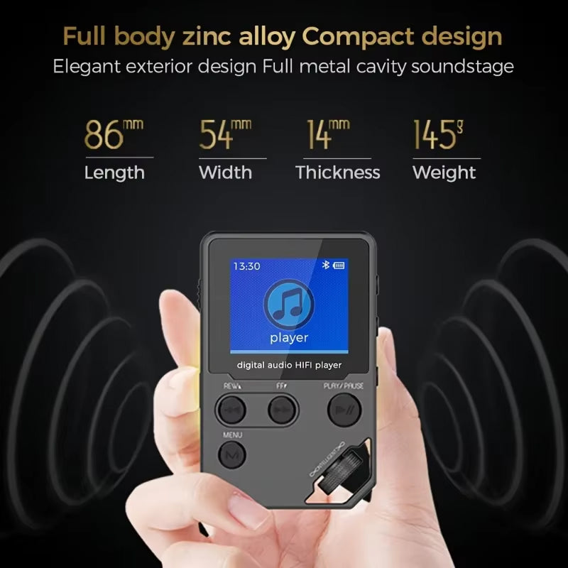 Hand holding a digital audio player with specifications displayed on a dark background