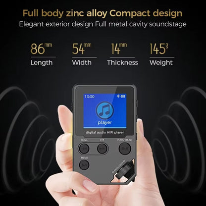 Hand holding a digital audio player with specifications displayed on a dark background