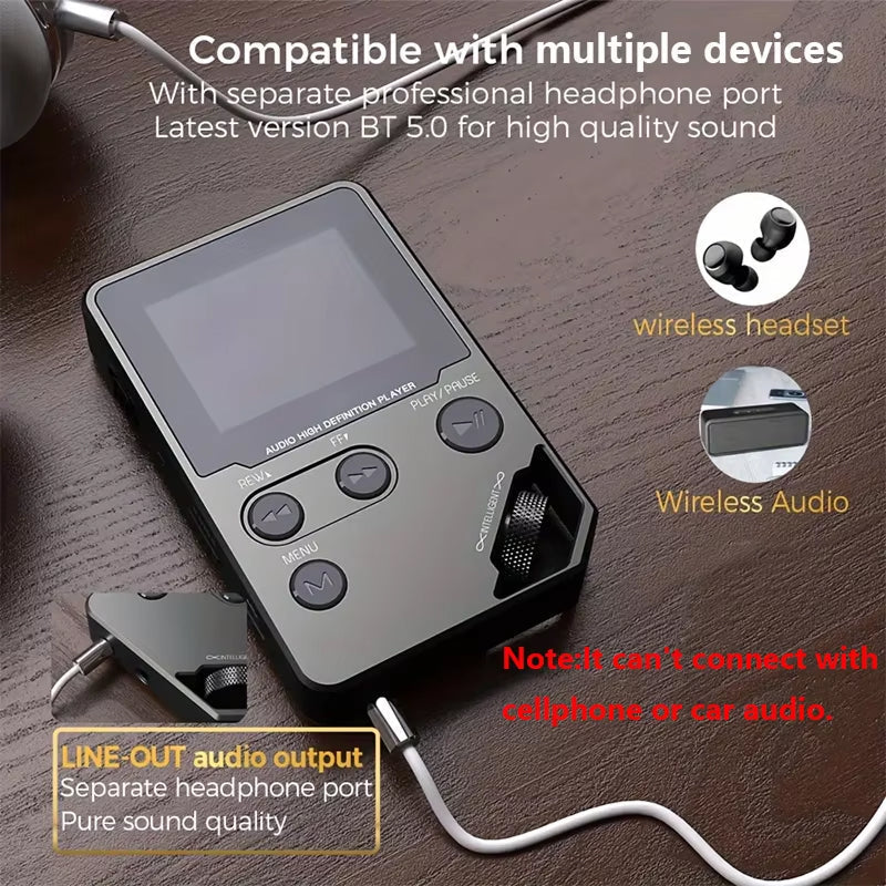 Digital EjoyMuzi Music Player with features highlighted on a wooden surface