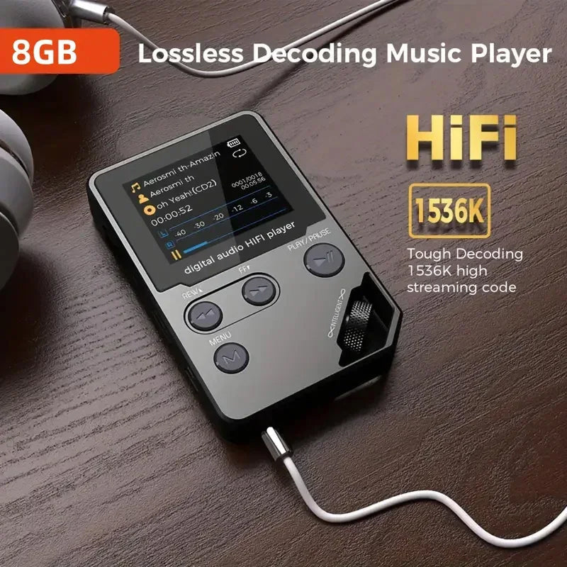 EjoyMuzi Music Player with 8GB storage and HIFI features on a wooden surface