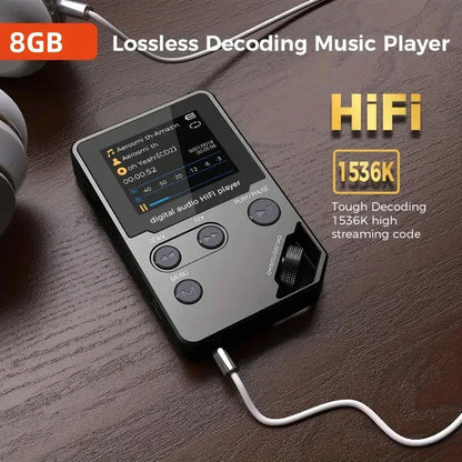 EjoyMuzi Music Player with 8GB storage and HIFI features on a wooden surface