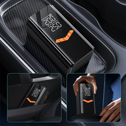 Car Elarvo 2 in 1 Tyre Inflator Jump Starter with digital display and temperature indicator, placed in a car's air vent.