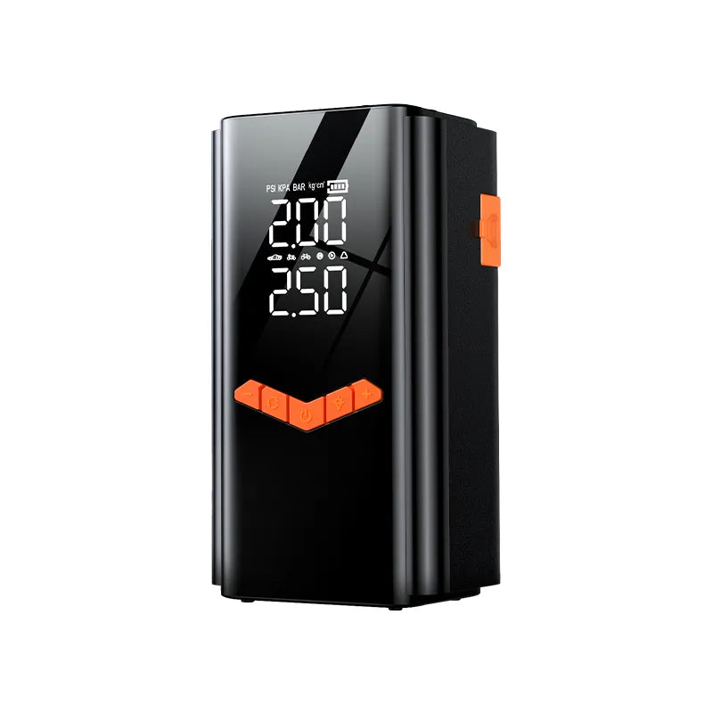Black Elarvo 2 in 1 Tyre Inflator Jump Starter with digital display on a white background