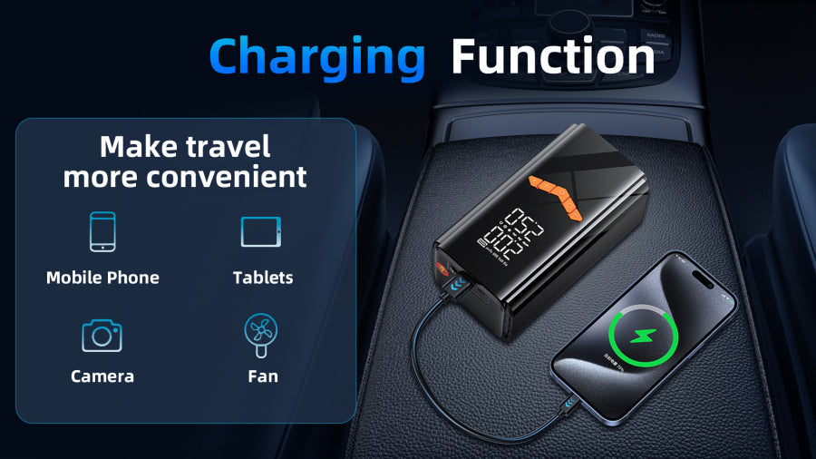 Portable Elarvo 2 in 1 Tyre Inflator Jump Starter with charging functions for electronic devices on a car seat.