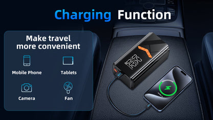 Portable Elarvo 2 in 1 Tyre Inflator Jump Starter with charging functions for electronic devices on a car seat.