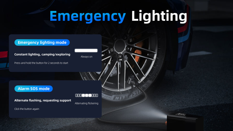 Car tire with emergency Elarvo 2 in 1 Tyre Inflator Jump Starter mode display on a dark background