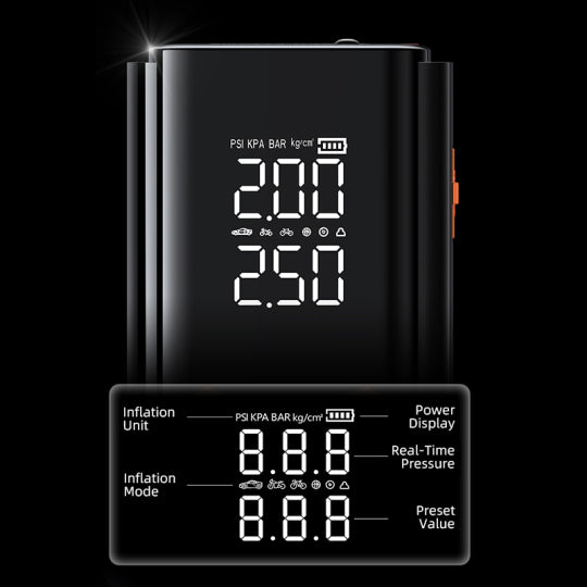 Digital Elarvo 2 in 1 Tyre Inflator Jump Startermonitor with display on a black background