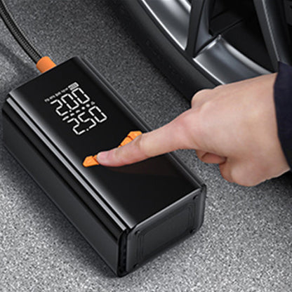 Digital Elarvo 2 in 1 Tyre Inflator Jump Starter with a hand pressing a button inside a car.