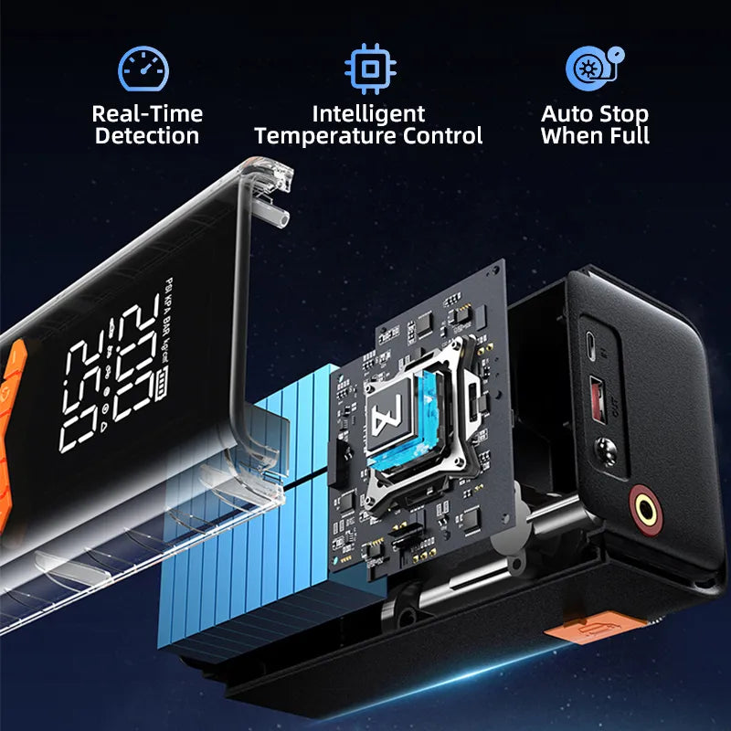 Elarvo 2 in 1 Tyre Inflator Jump Starter component with digital display and cooling system on a dark background
