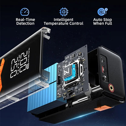 Elarvo 2 in 1 Tyre Inflator Jump Starter component with digital display and cooling system on a dark background