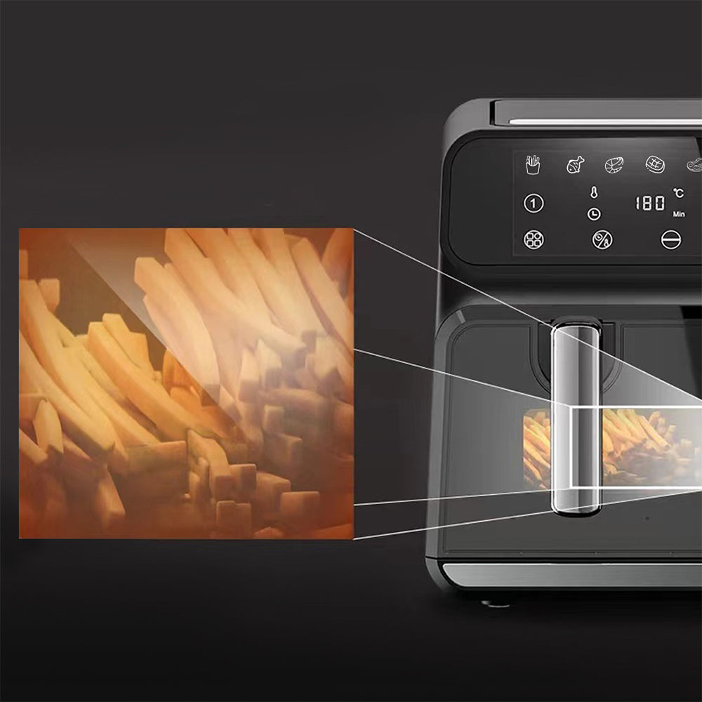 Elarvo Air Fryer with a close-up of cooked French fries on a dark background