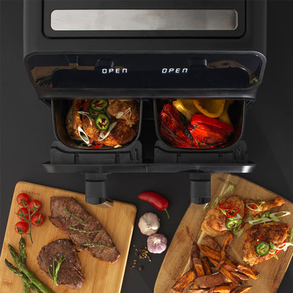 Elarvo Air Fryer with food items inside, displayed on a dark background