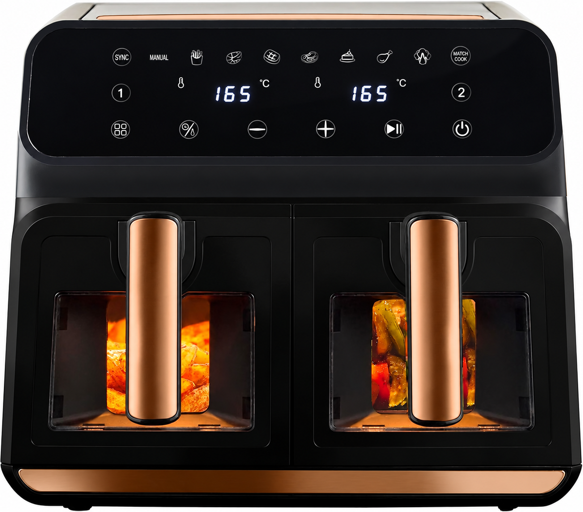 A dual-compartment Elarvo Smart Dual 8L Air fryer with a glossy black control panel and metallic rose gold accents, including the handles and bottom trim. The food preparation compartments are lit with orange food visible inside, set against a clean white background.