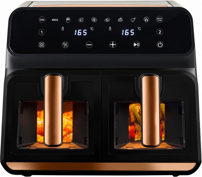 A dual-compartment Elarvo Smart Dual 8L Air fryer with a glossy black control panel and metallic rose gold accents, including the handles and bottom trim. The food preparation compartments are lit with orange food visible inside, set against a clean white background.