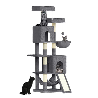 Gray cat tree with multiple levels and a black cat sitting on the base.