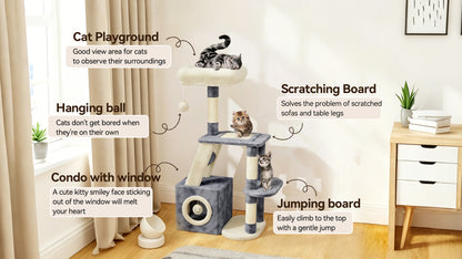Cat playground with various features labeled in a room setting.